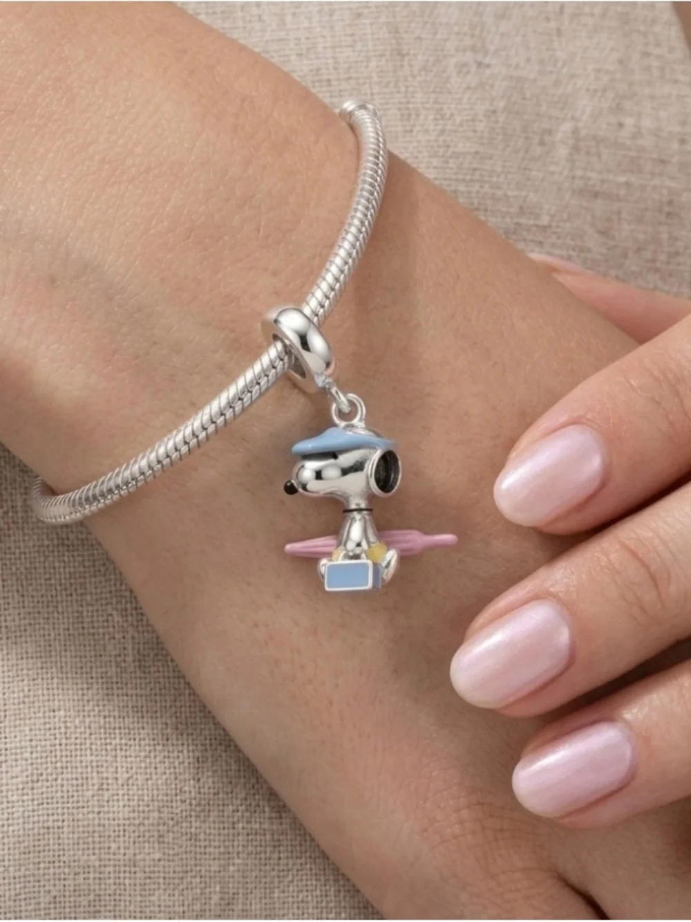 Sterling Silver snoopy  Surfing Charm with Blue Hat and Pink Board